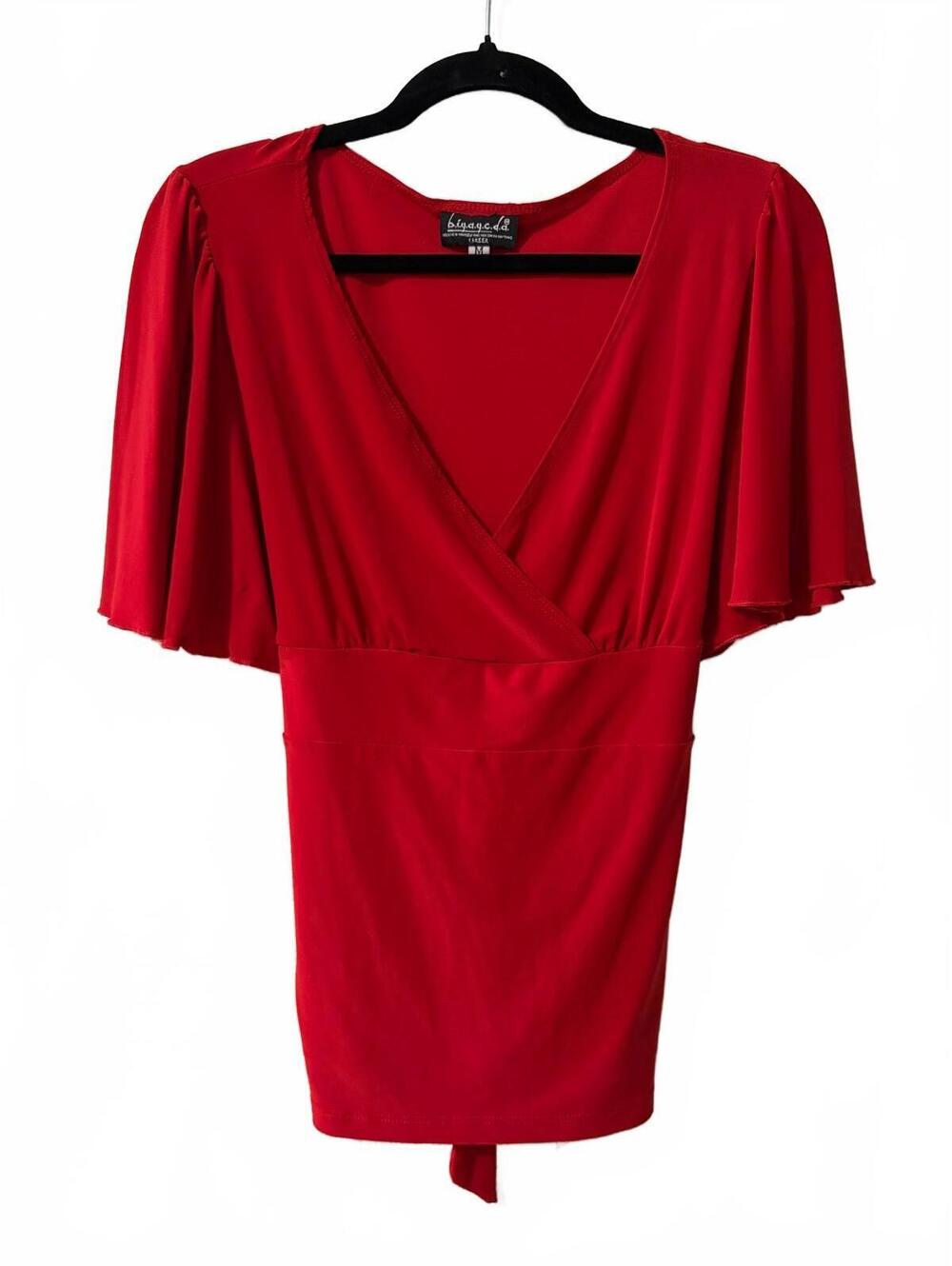 Vtg b.i.y.a.y.c.d.a. Red Baby Doll Blouse Wrap V-Neck Flutter Sleeve Tie Back